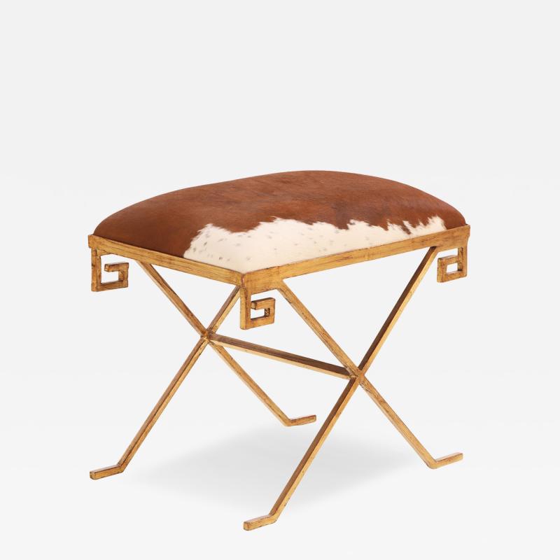 Gilt Iron Bench Upholstered in New Cowhide Contemporary 