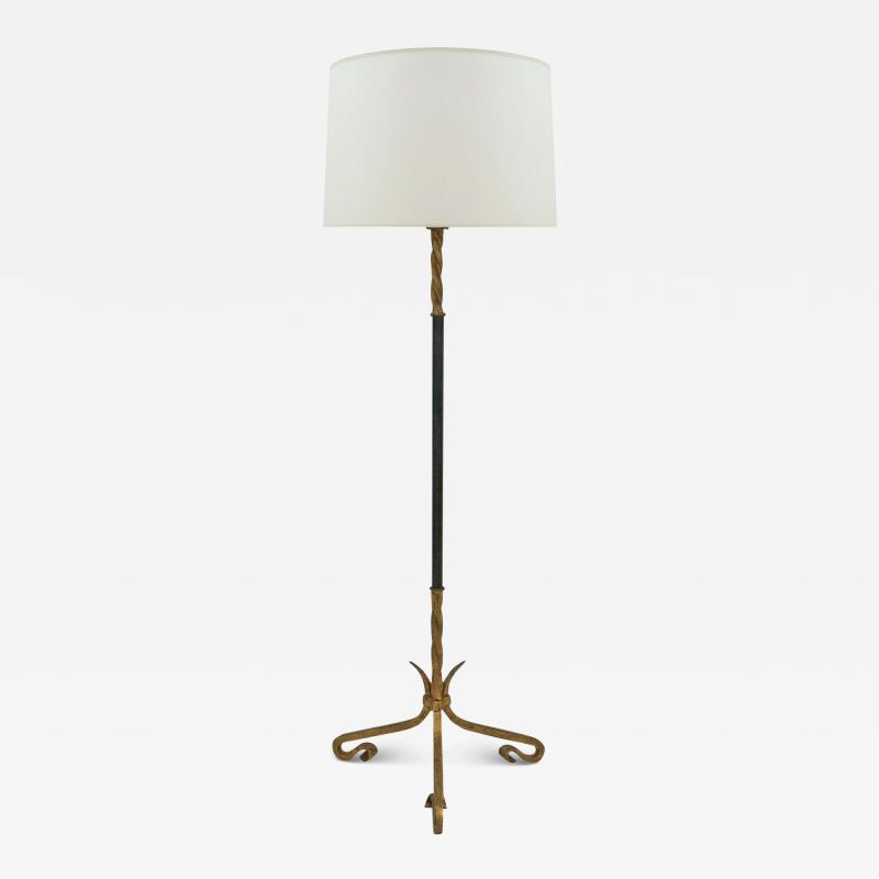 Gilt Iron and Black Leather Standing Lamp