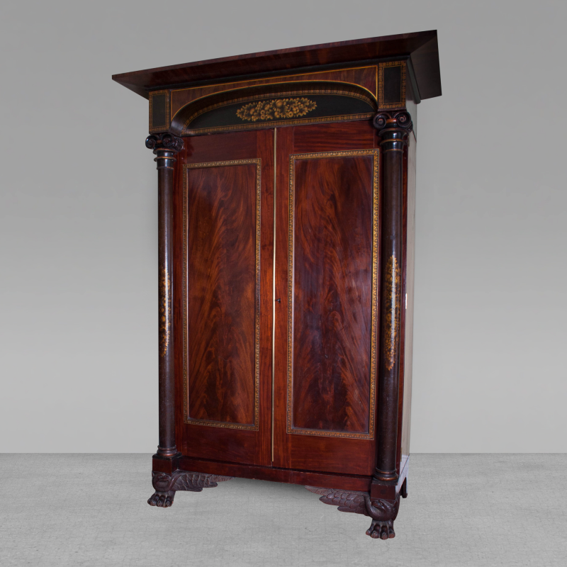 Gilt Stenciled Carved Mahogany Armoire