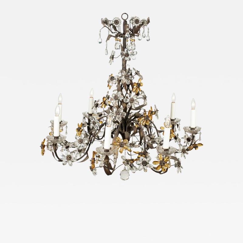 Gilt Tole Italian Chandelier Decorated in Clear and Amber Crystal Flowers