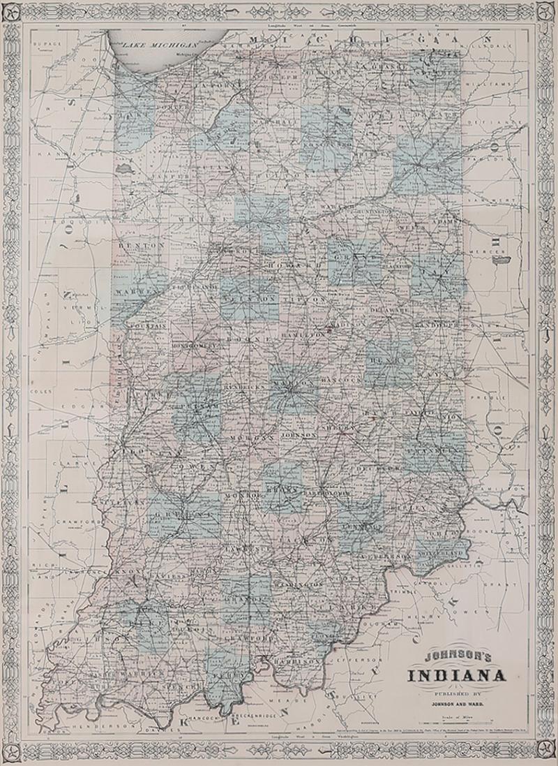 Giltwood Framed Matted Library Study Room Map Indiana