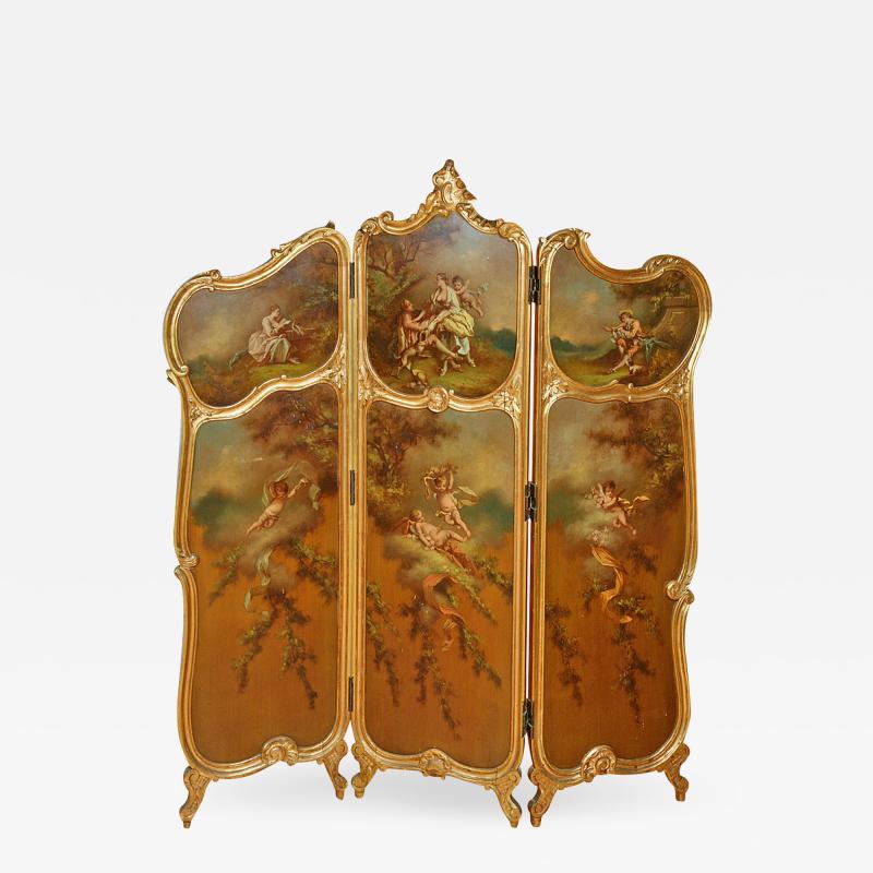 Giltwood and painted antique French three panel screen