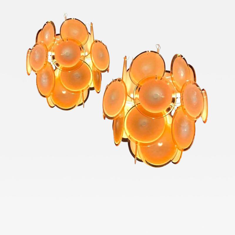 Gino Vistosi Pair of Midcentury Amber Murano Glass Discs Italian Chandeliers 1970s