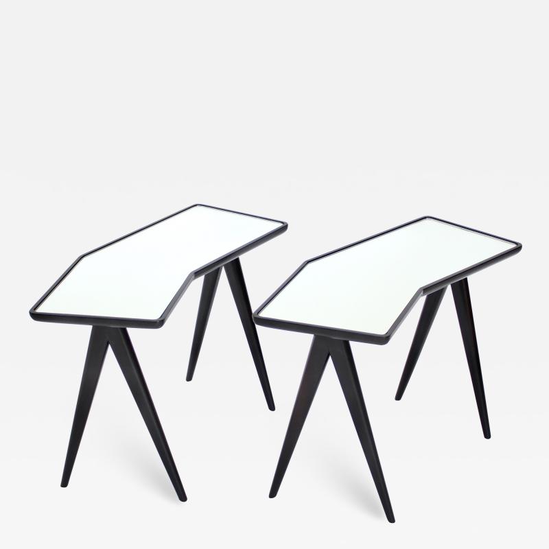 Gio Ponti GIO PONTI BLACK LACQUERED SIDE TABLES MIRRORED GLASS TOPS ASYMMETRICAL FORMS