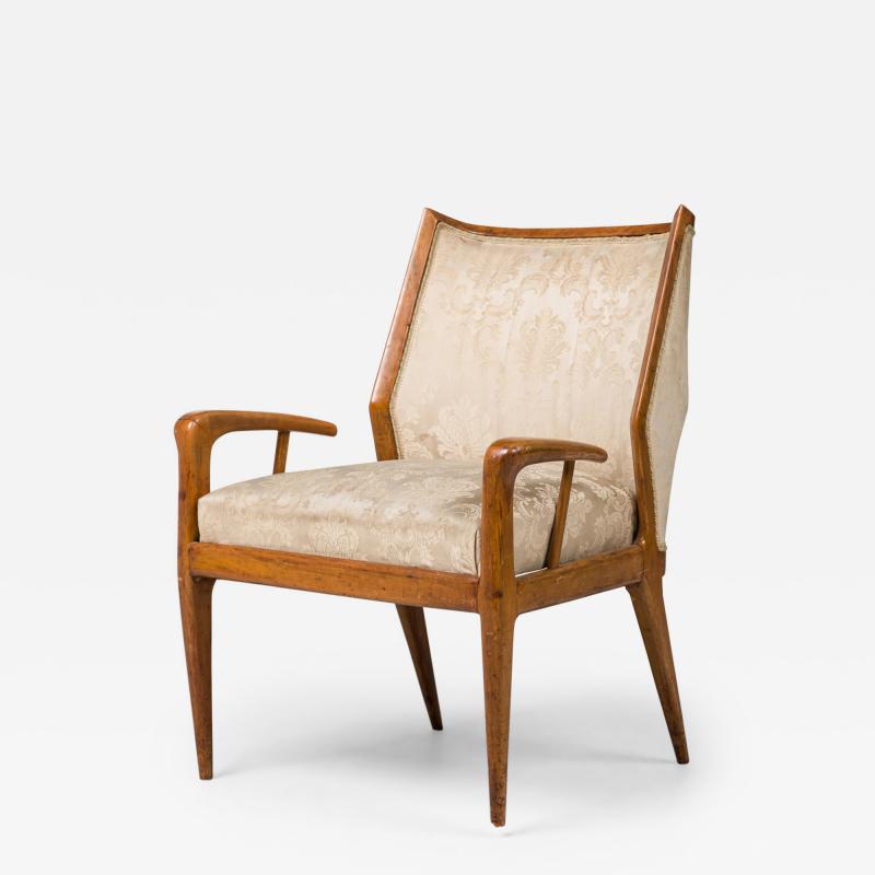 Gio Ponti Gio Ponti Style Italian Mid Century Walnut and Damask Curved Back Armchair