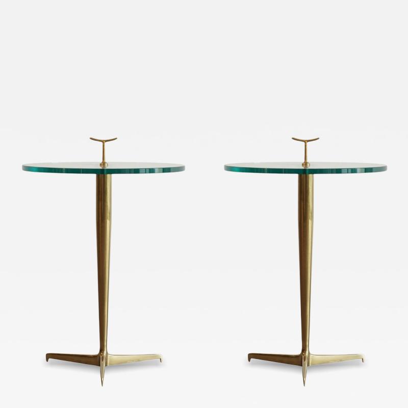 Gio Ponti Italian Brass Glass Side Tables in the Style of Gio Ponti