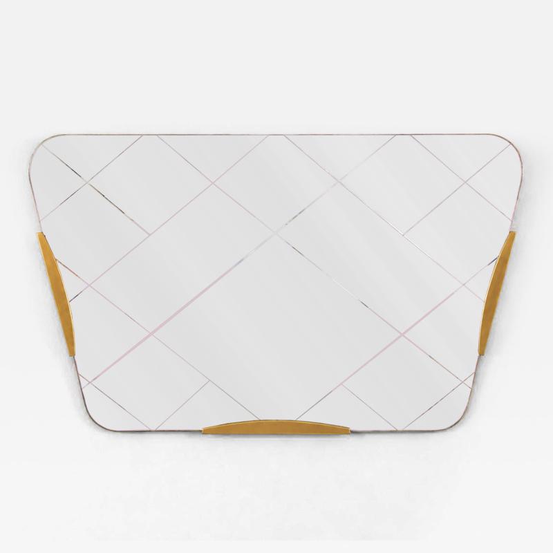 Gio Ponti Large Trapezoidal Golden Wall Mirror With Engraved Diamond Pattern Austria