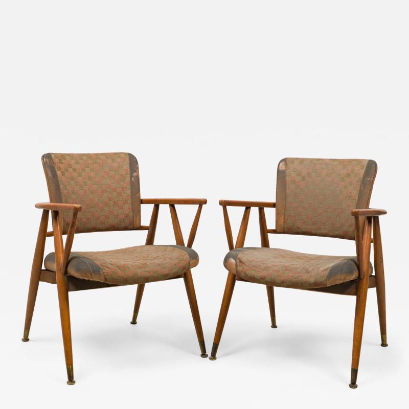 Gio Ponti Pair of Gray and Beige Geometric Upholstered Armchairs manner of Gio Ponti
