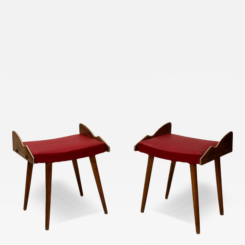 Gio Ponti Pair of Italian Mid Century Modern Wood Benches Stools Attributed to Gio Ponti