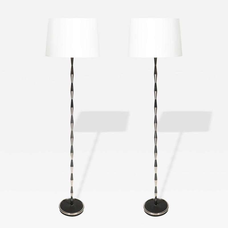 Gio Ponti Pair of MidCentury Geometric Polished Nickel Gunmetal Floor Lamps by Gio Ponti
