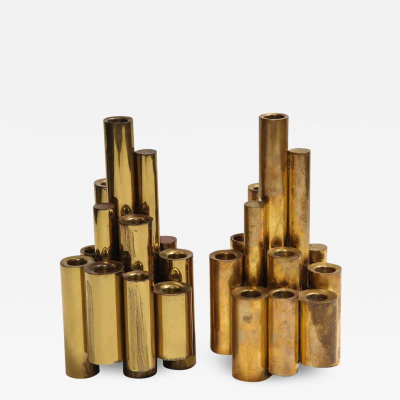 Gio Ponti Pair of Vintage Polished Brass Tubular Candleholders in the Style of Gio Ponti