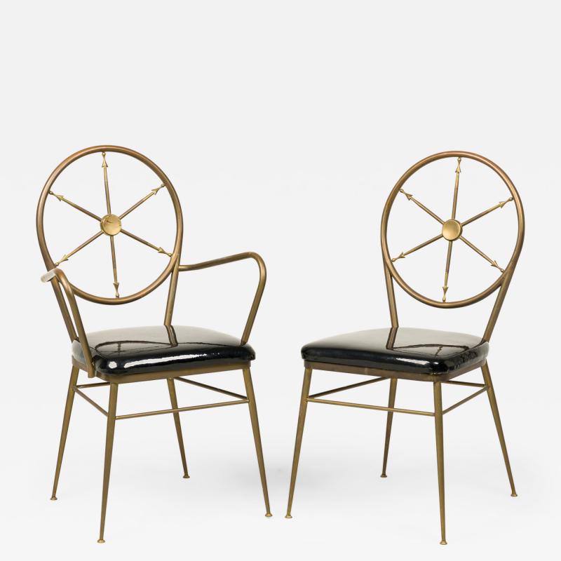 Gio Ponti Set of 7 Gio Ponti Italian Ships Wheel Brass and Black Patent Leather Chair Set