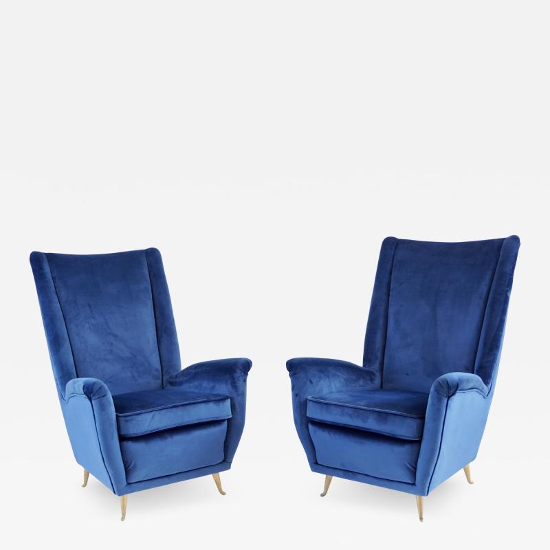 Gio Ponti pair of blu velvet Gio Ponti bergere wingback armchairs by ISA 1950