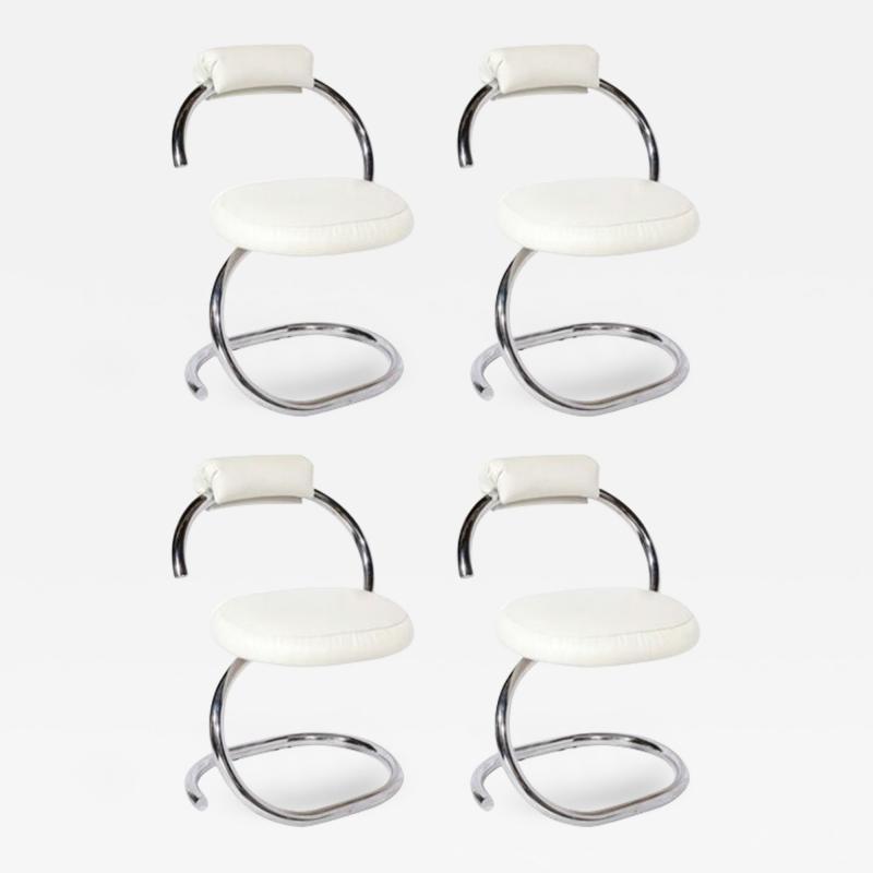 Giotto Stoppino Set of Four Cobra Chairs in Curved Chrome White Leather by Giotto Stoppino