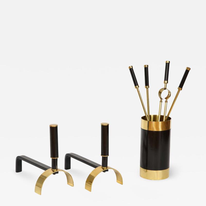 Giovanni Banci Brass and Metal Fireplace Set Tools and Andirons by Giovanni Banci Italy 1970