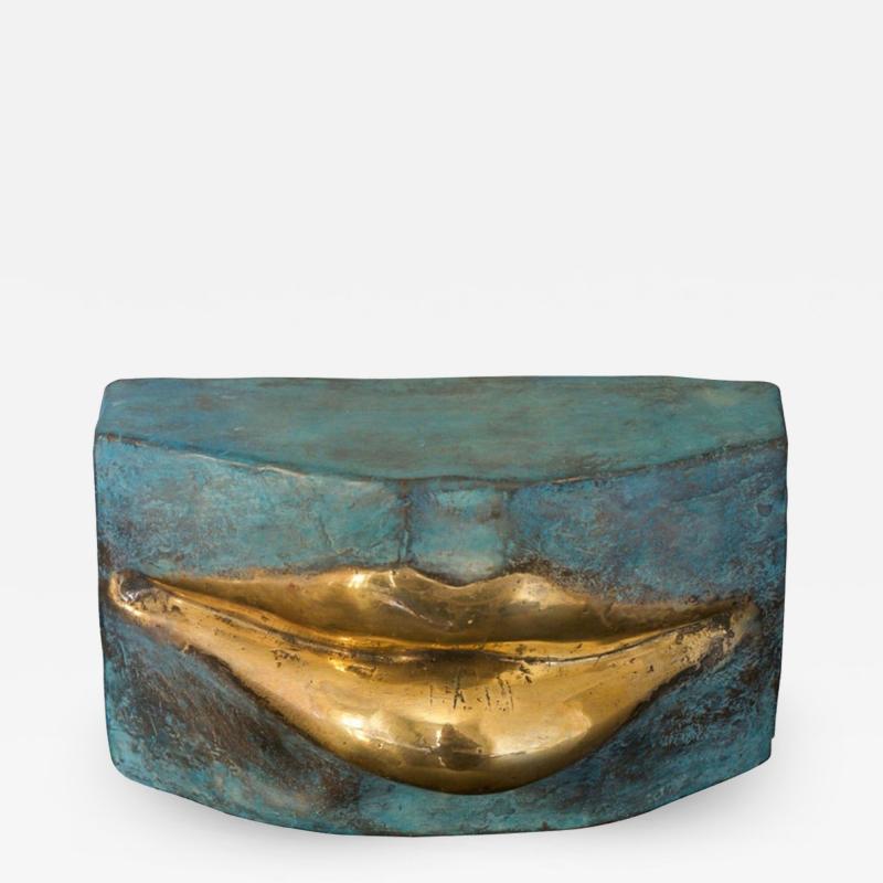 Giovanni Ginestroni Contemporary Italian Aquamarine Patinated Bronze Sculpture with Gold Brass Lips