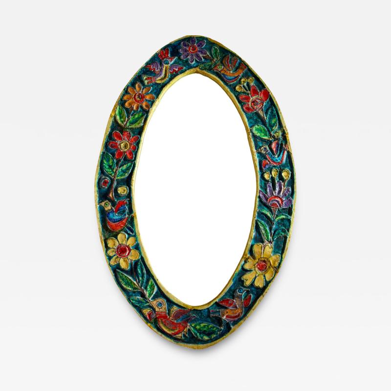 Giovanni de Simone De Simone oval mirror with polychrome ceramic frame Italy 1950s