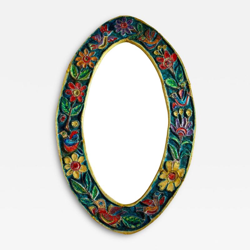 Giovanni de Simone De Simone oval mirror with polychrome ceramic frame Italy 1950s