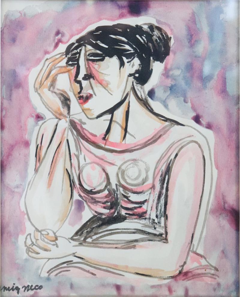 Giuseppe Migneco Italian Watercolor on Paper by Migneco Giuseppe Woman Portrait