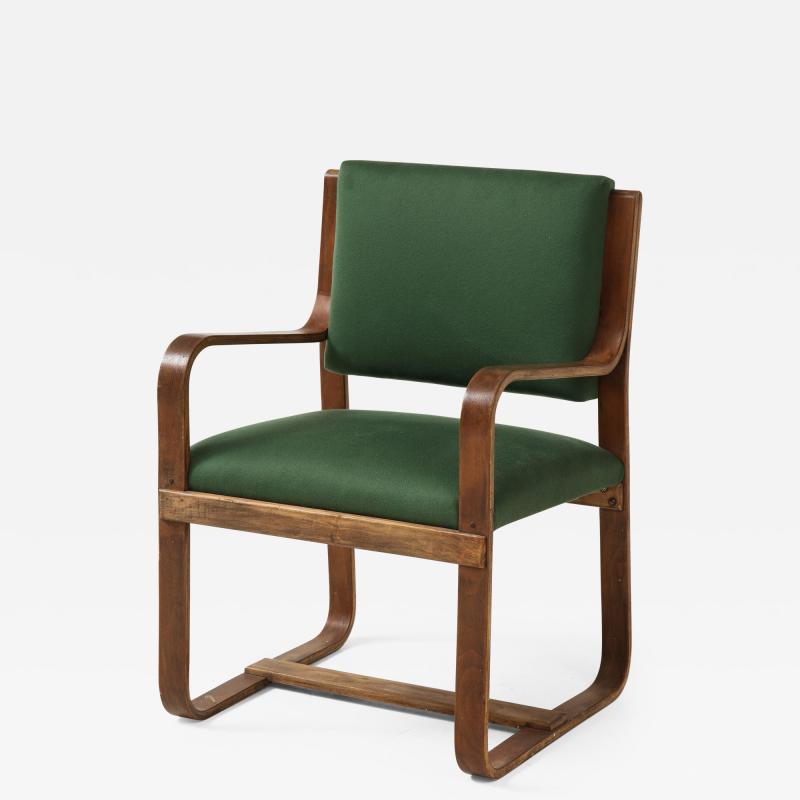 Giuseppe Pagano Pogatschnig Curved Laminated Green Cashmere Armchair by Giuseppe Pagano Italy c 1940s