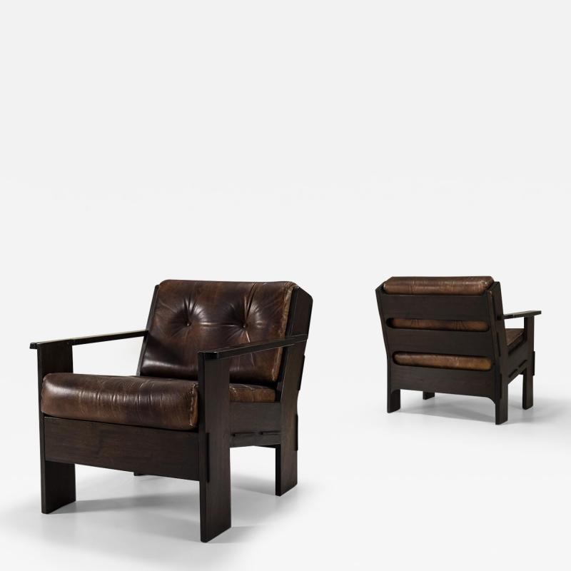 Giuseppe Rivadossi Set of Two Armchairs by Giuseppe Rivadossi in Leather and Slavonian Oak