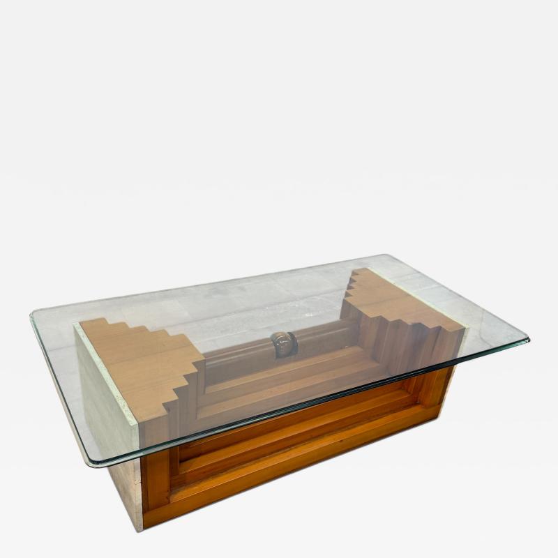 Giuseppe Rivadossi Wood and Glass Coffee Table with Sculptural Base 1970s by Giuseppe Rivadossi