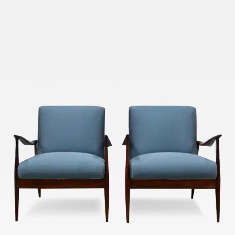 Giuseppe Scapinelli Brazilian Modern Armchairs in Hardwood and Blue Fabric Giuseppe Scapinelli