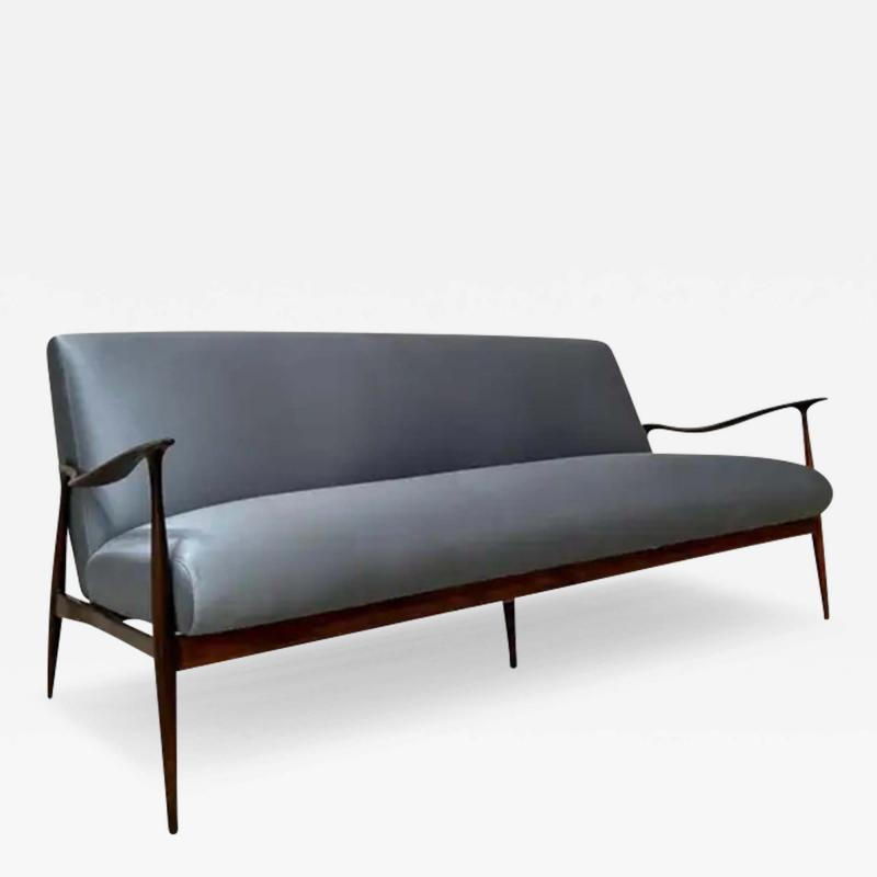 Giuseppe Scapinelli Brazilian Modern Sofa in Hardwood and Blue Fabric by Giuseppe Scapinelli 1950