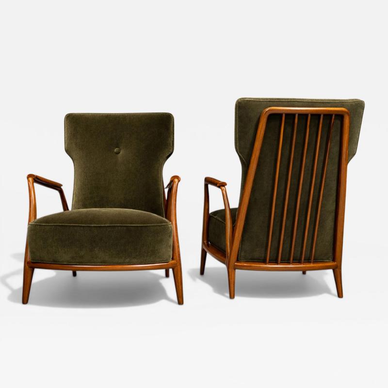 Giuseppe Scapinelli Pair of Armchairs in Pau Marfim Olive Green Mohair Giuseppe Scapinelli
