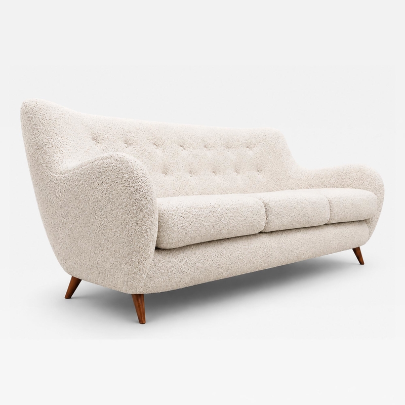 Giuseppe Scapinelli Sofa in Cavi na Wood and Off White Boucl by Giuseppe Scapinelli