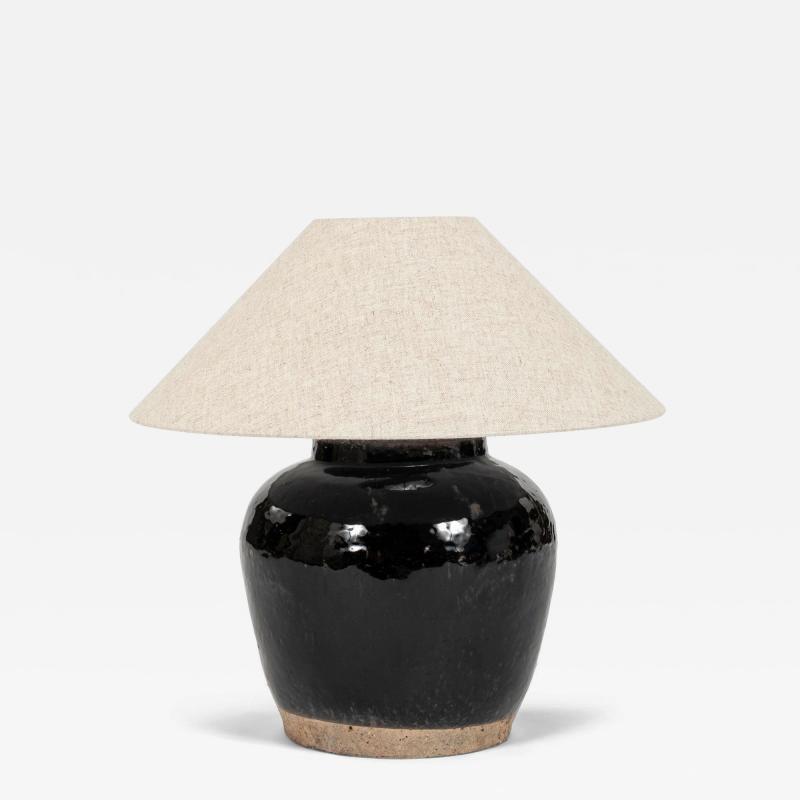 Glazed Black Lamp with Natural Color Linen Shade
