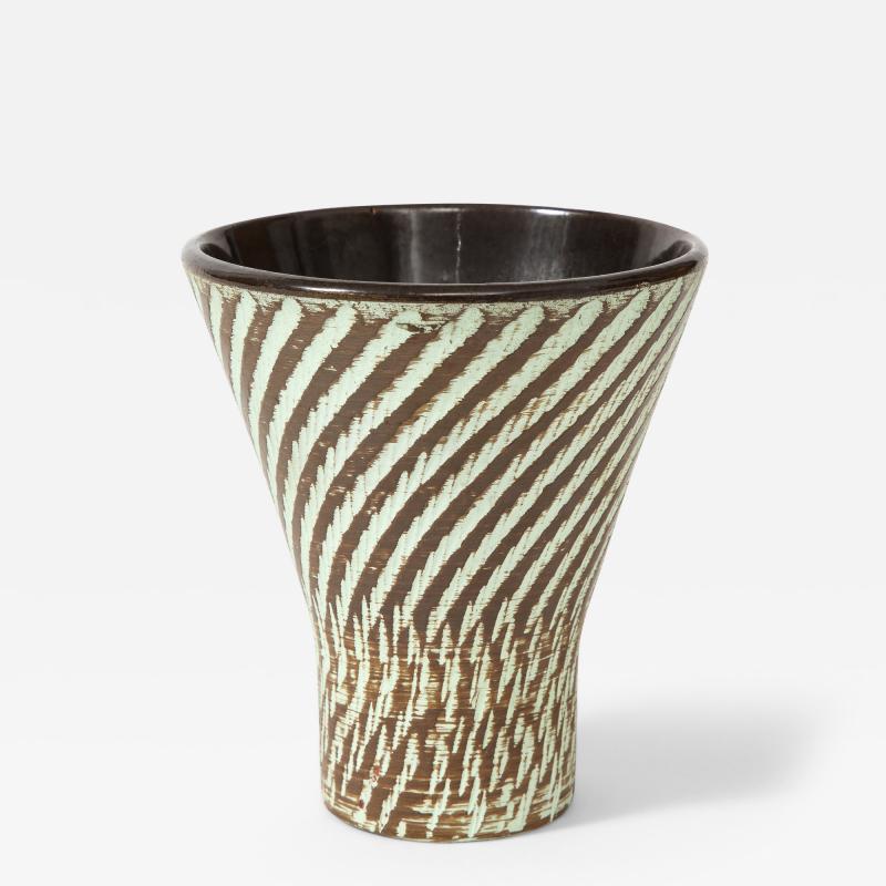 Glazed Brown and White Ceramic Sgraffito Vase c 1950