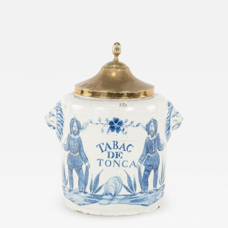 Glazed Earthenware Blue and White Delft Tabac de Tonka Tobacco Jar