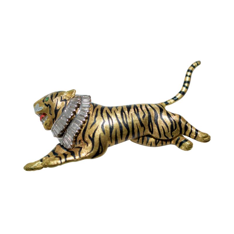 Gold Diamond and Enamel Tiger Brooch