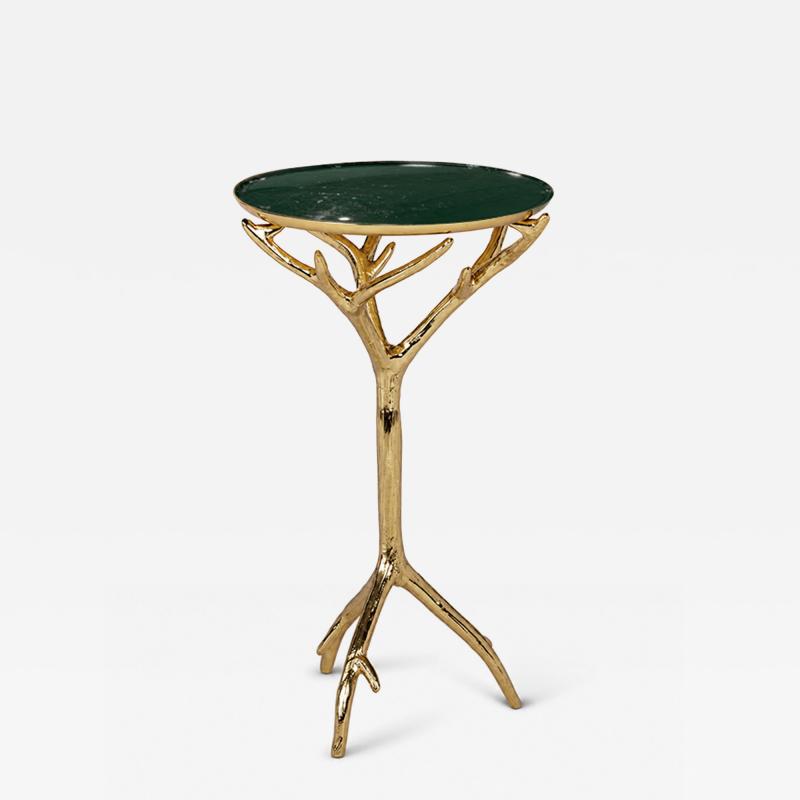 Gold Faux Tree Branch Drinks Table with Removable Forest Green Enamel Tray Top