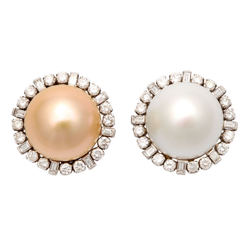 Gold and White South Sea Pearl Diamond Earclips