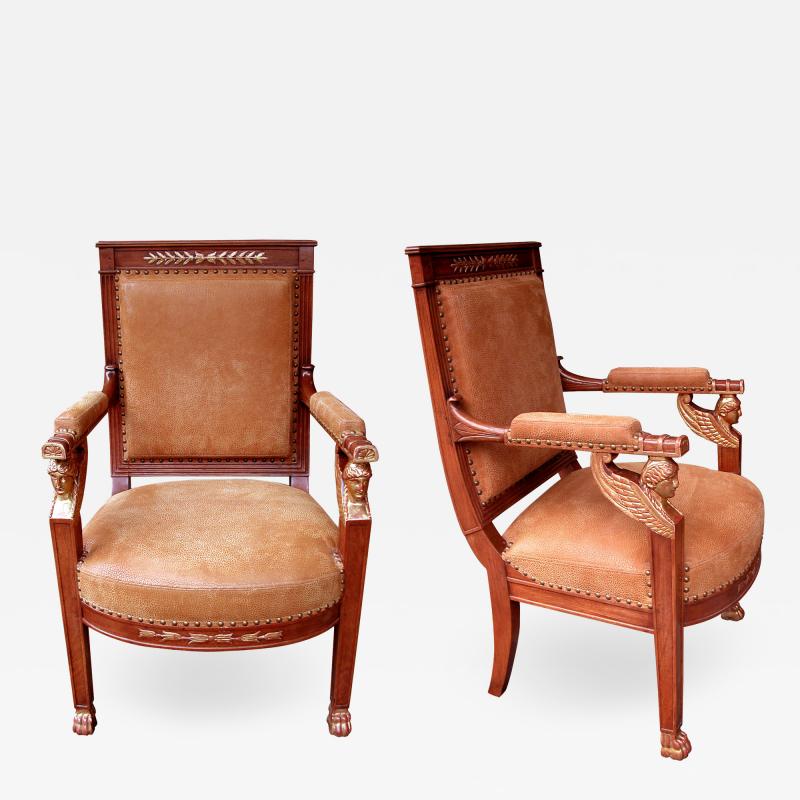 Good Pair of French Empire Fruitwood and Parcel Gilt Armchairs