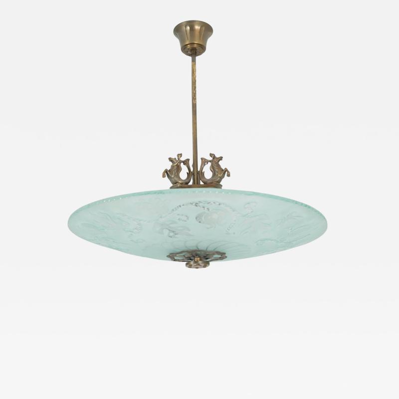 Gorgeous Art Deco Pendant in Brass and Blue Frosted Glass Swedish Grace 1930s