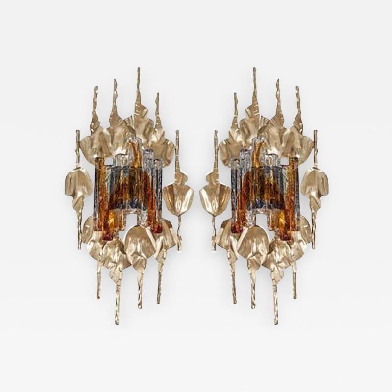 Gorgeous Brutalist Pair of Murano Glass Gilt Metal Wall Sconces