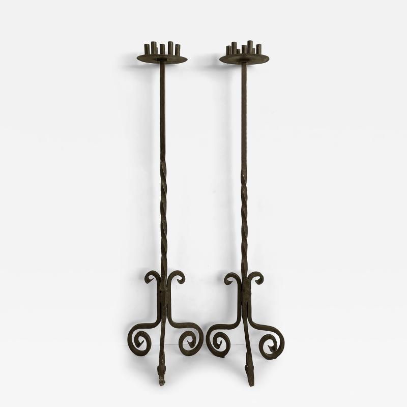 Gothic Wrought Iron Candelabras For Seven Candles Twisted Stems Tripod Bases