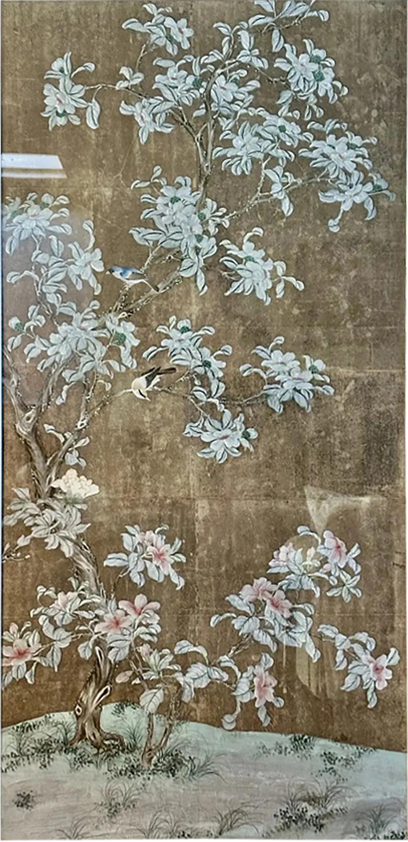 Gracie Chinoiserie Hand Painted Gracie Wallpaper Aviary Panel in Silvered