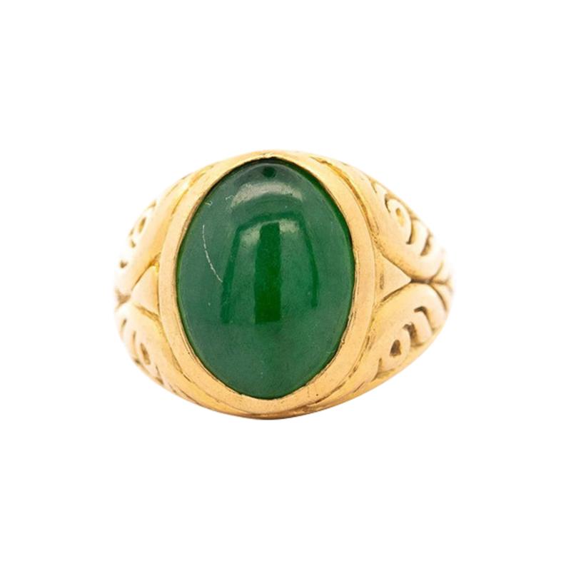Grade A Jadeite Jade in 22K Carved Gold Solitaire Bezel Set Unisex Ring
