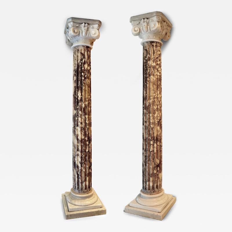 Grand Pair of Italian Carved Marble Columns Breccia Violetta and Carrara