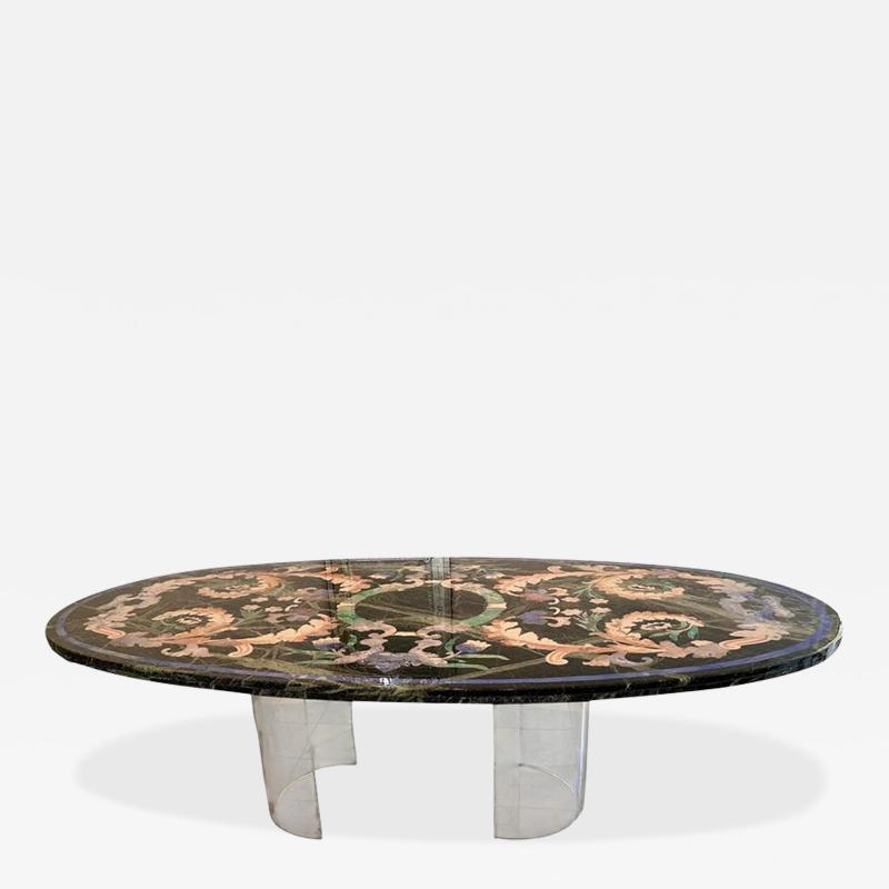 Grand Venetian Pietra Dura Oval Dining Table W Modern Lucite Base