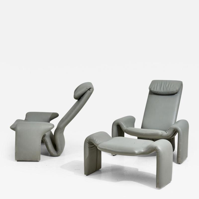 Gray Leather Lounge Chairs and Ottoman by Steve Leonard for Brayton Intl 1980