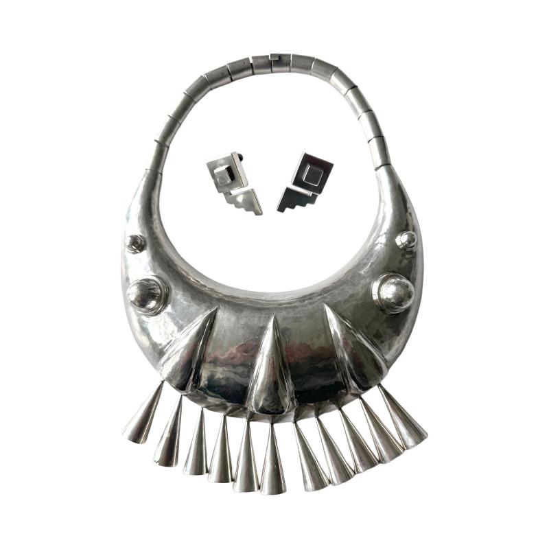 Graziella Laffi Sculptural Sterling Silver Choker Necklace and Earrings Set by Graziella Laffi