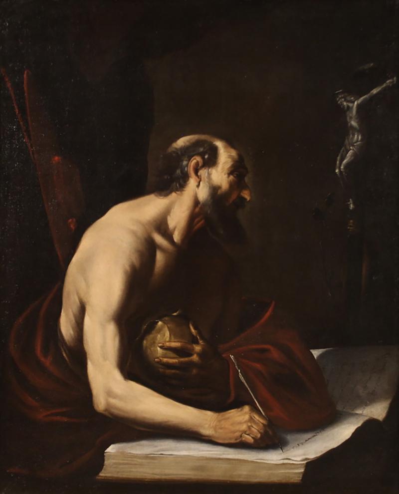 Great 17th century Caravaggesque painting Saint Jerome in his Study