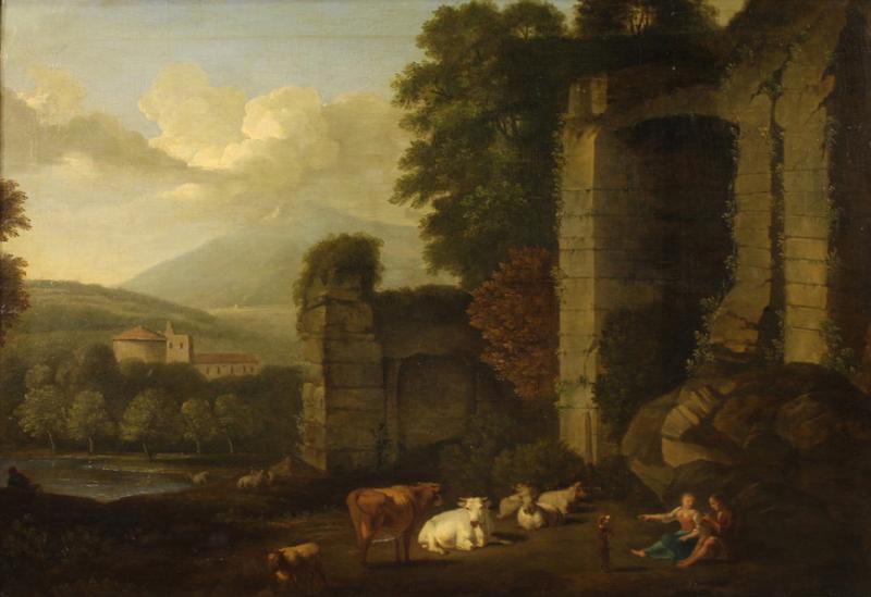 Great 17th century Italian painting bucolic landscape with ruins