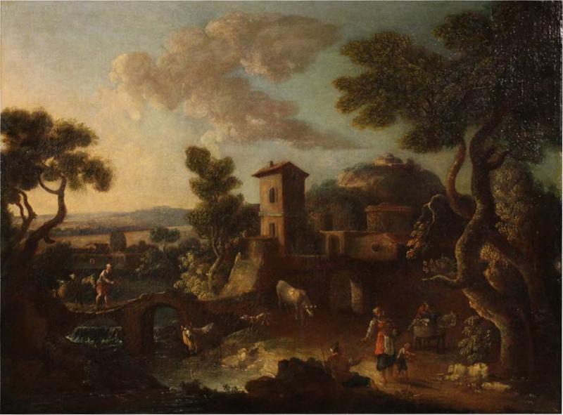Great 17th century Italian painting countryside landscape with figures
