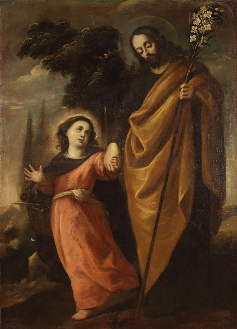 Great 17th century painting Saint Joseph leading baby Jesus by the hand